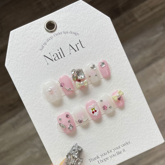 909 Cream cherry style press on nails 100% handmade false nails pink white