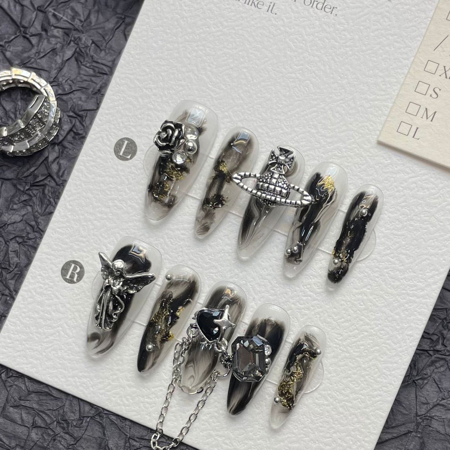 1289 Chain black style press on nails 100% handmade false nails black sliver