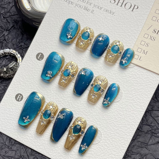 1206/1212/1218 Buchelati style CatEye  Effect press on nails 100% handmade false nails blue golden