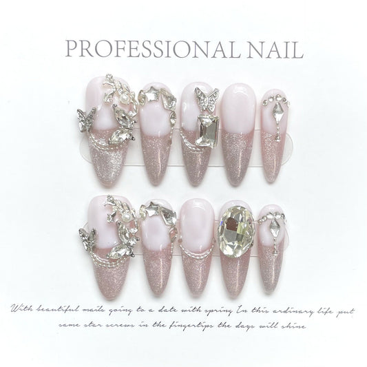 1165 Pink French cat eyes style press on nails 100% handmade false nails pink