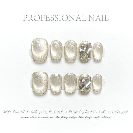 1259 Glass beaded cat eyes style press on nails 100% handmade false nails