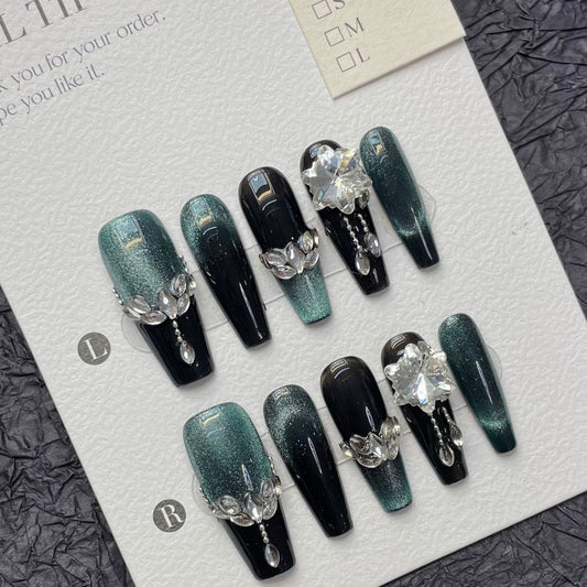 1280 dark green Cateye Effect style press on nails 100% handmade false nails black green