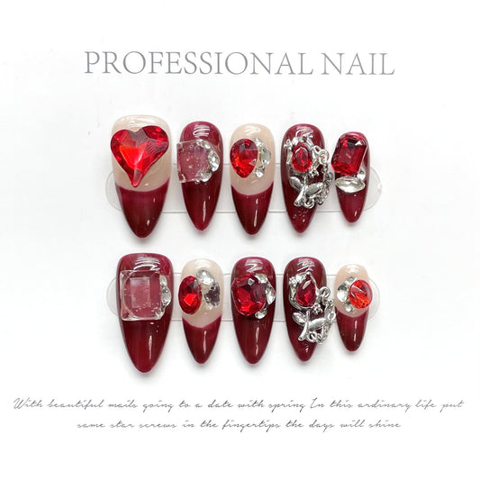 1283 Red rhinestone style press on nails 100% handmade false nails red
