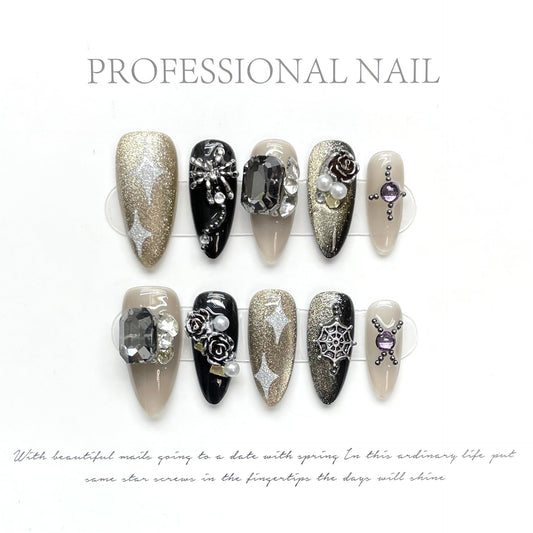 1294 Flower Cat's Eye style press on nails 100% handmade false nails black sliver