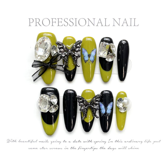 1298 Butterfly Rhinestone style press on nails 100% handmade false nails black green