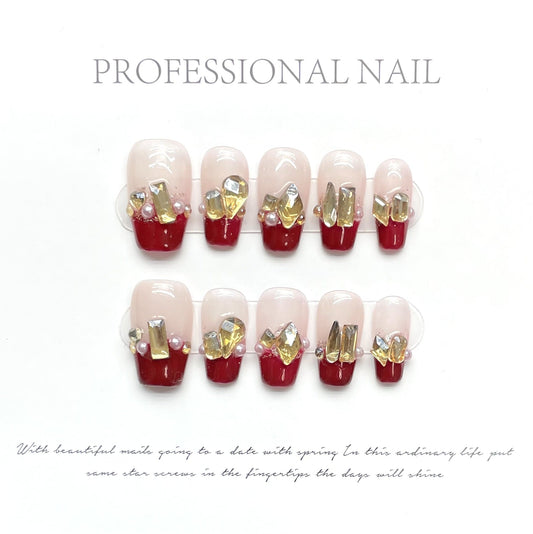 1307 French Rhinestone style press on nails 100% handmade false nails pink red