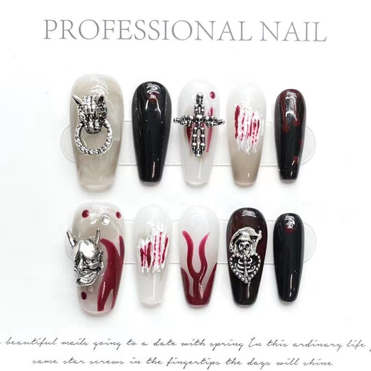 1313 Dark metal style press on nails 100% handmade false nails black red white