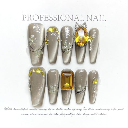 1318 Side light cat eyes style press on nails 100% handmade false nails sliver golden