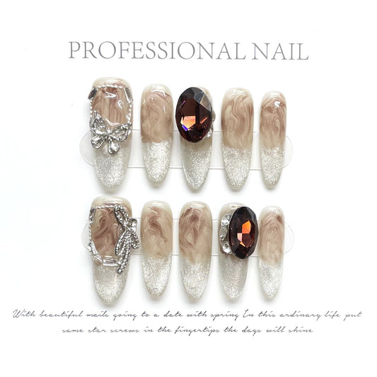 1320 Amber cat's eye style press on nails 100% handmade false nails brown sliver