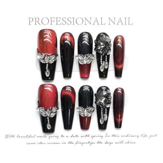 1322 Dull red cat's eye style press on nails 100% handmade false nails black red