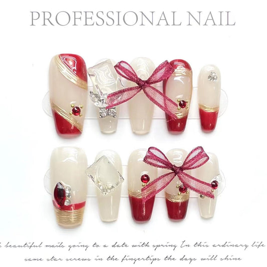 1328 French bow style press on nails 100% handmade false nails nude clear red
