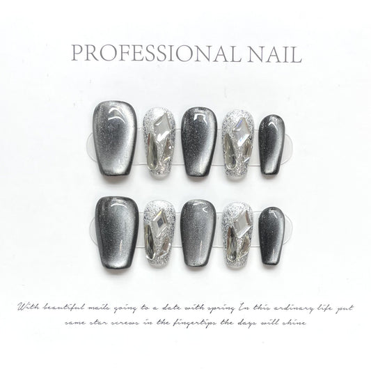 1334/1339 Rhinestone cat eye style press on nails 100% handmade false nails sliver gray