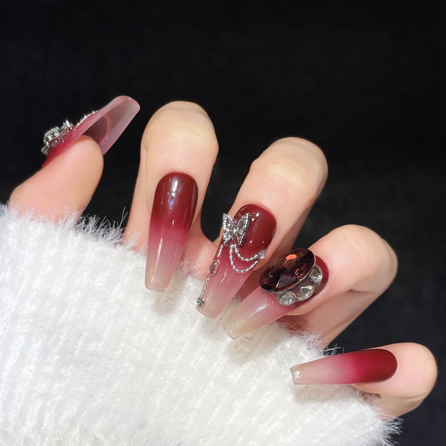 1335 gradation style press on nails 100% handmade false nails red