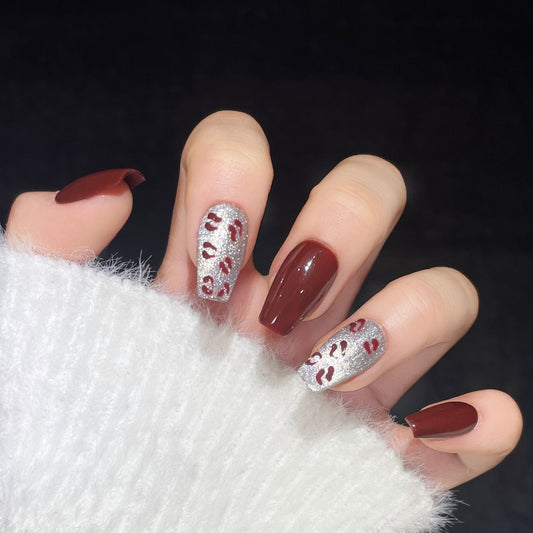 1337 Leopard print cat eyes style press on nails 100% handmade false nails red sliver