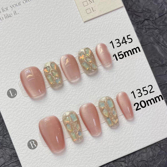1345/1352 pink cat eye style press on nails 100% handmade false nails pink golden
