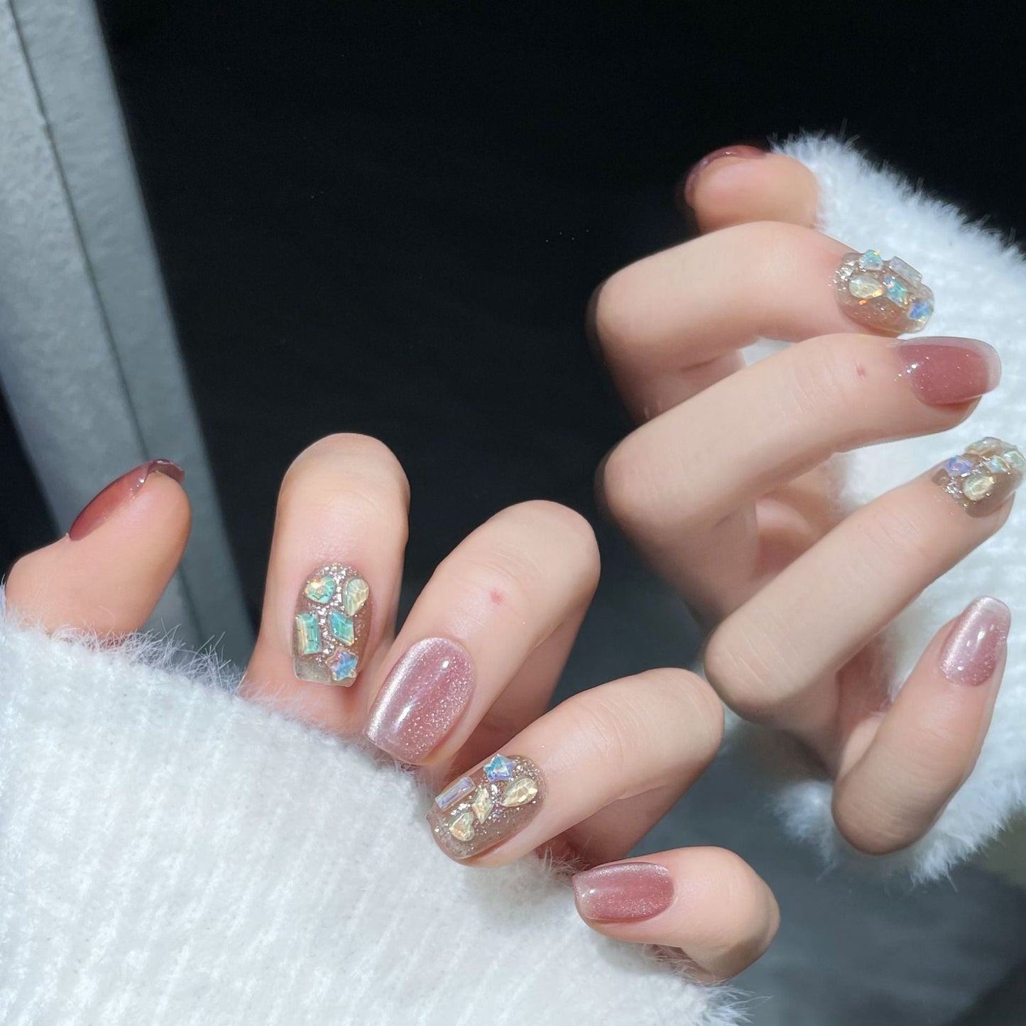 1345/1352 pink cat eye style press on nails 100% handmade false nails pink golden