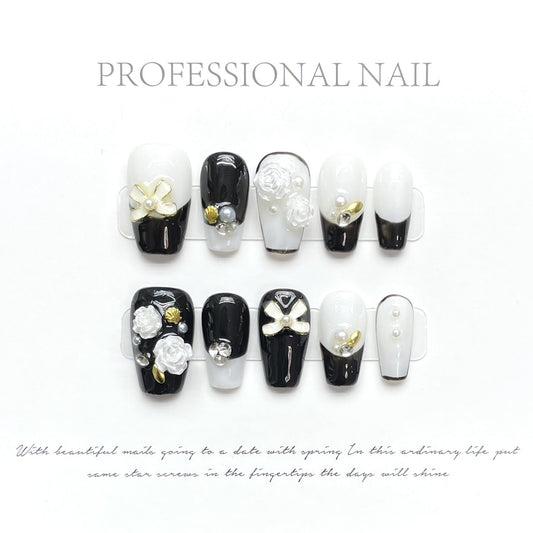1346 chanel style press on nails 100% handmade false nails black white