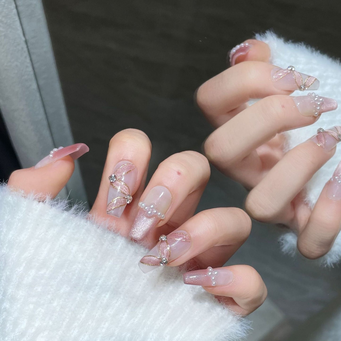 1350/1358 Romance cat eye style press on nails 100% handmade false nails pink white