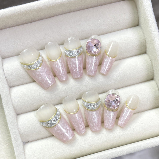 1362 Mica gilding style press on nails 100% handmade false nails pink fake nails