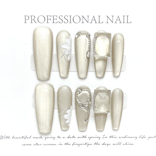 1392 Water light Cateye style press on nails 100% handmade false nails nude color