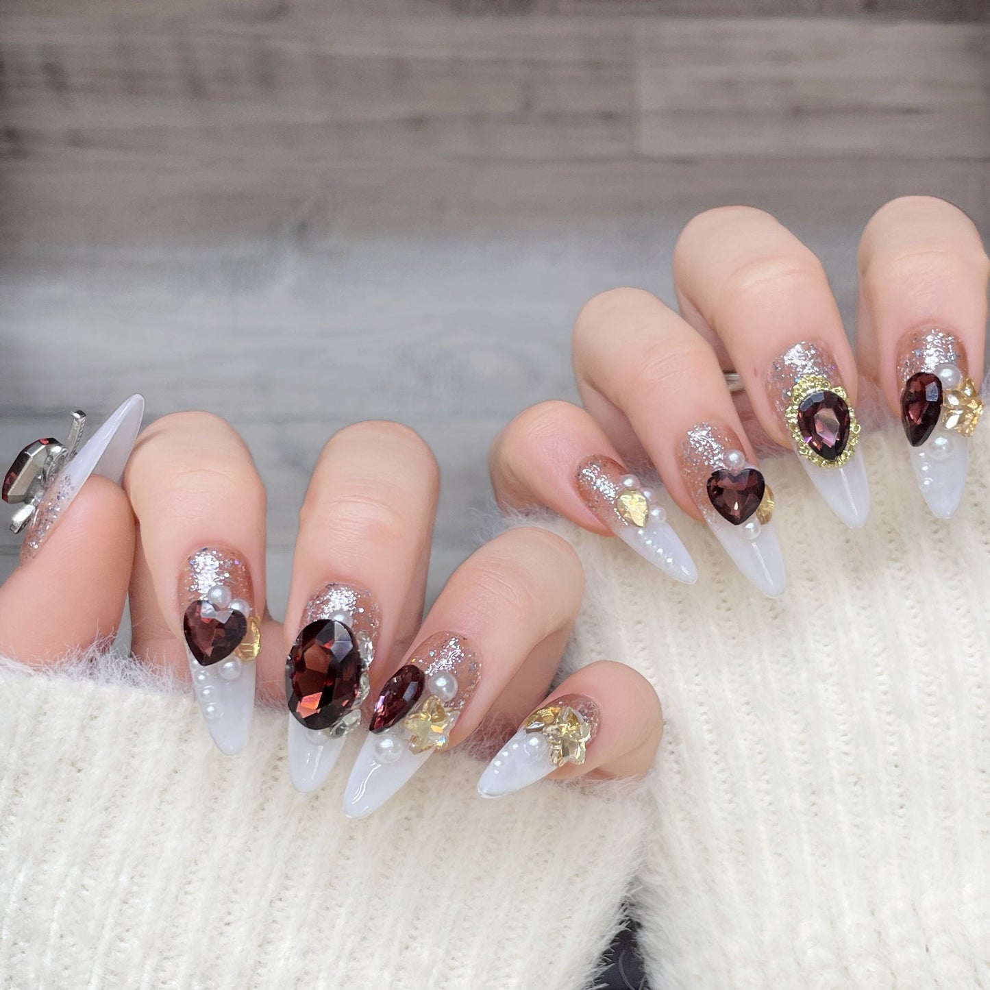 1404 Rhinestone style press on nails 100% handmade false nails golden white fake nails