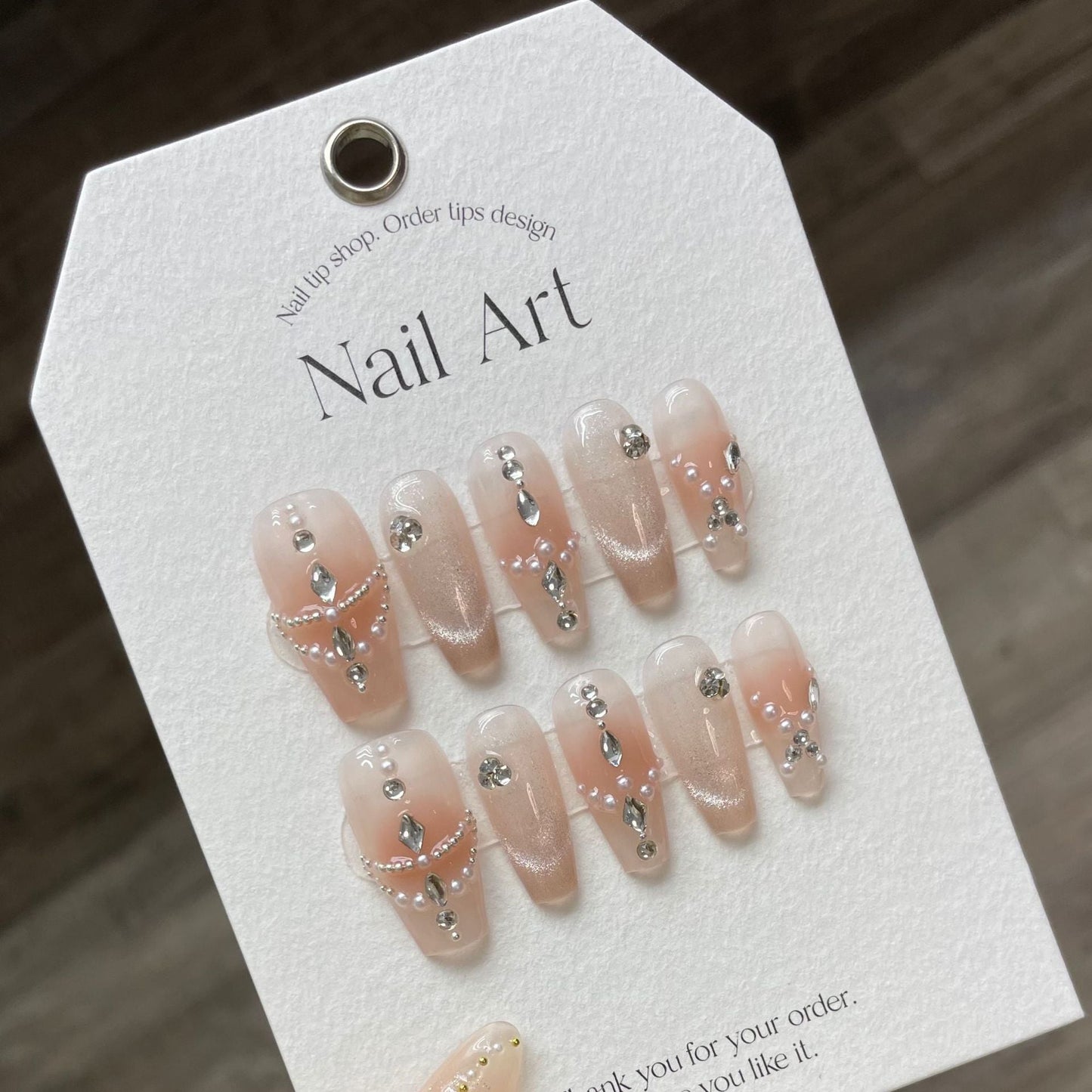 941/946 Pearl/Rhinestone CatEye  Effect press on nails 100% handmade false nails nude color