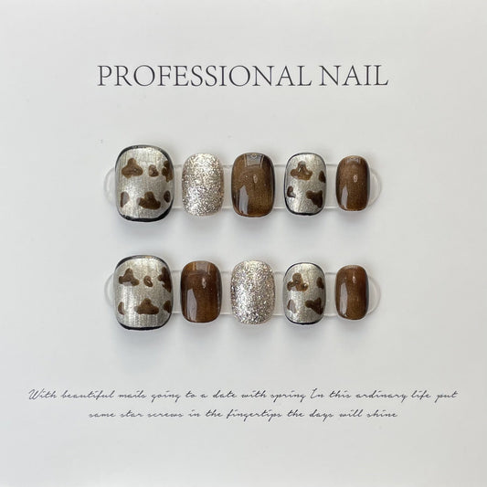 518 Leopard print cat's eye style press on nails 100% handmade false nails brown sliver