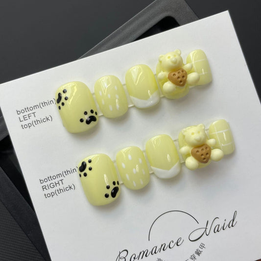 661 Cute little bear style press on nails 100% handmade false nails yellow