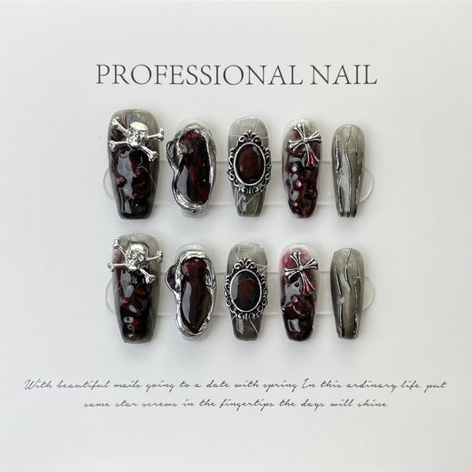 575 Skull style press on nails 100% handmade false nails black red