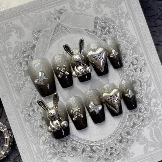 1262 Gothic rabbit style press on nails 100% handmade false nails black