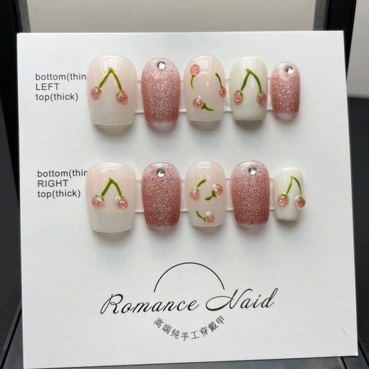 660 Fruit cherry style press on nails 100% handmade false nails pink white