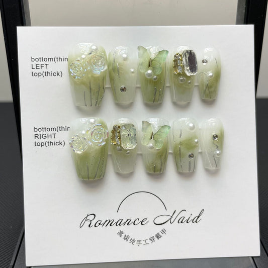 621 spring press on nails 100% handmade false nails white green