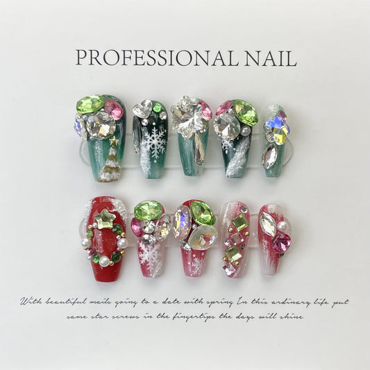 568 Christmas snowflakes style press on nails 100% handmade false nails red green