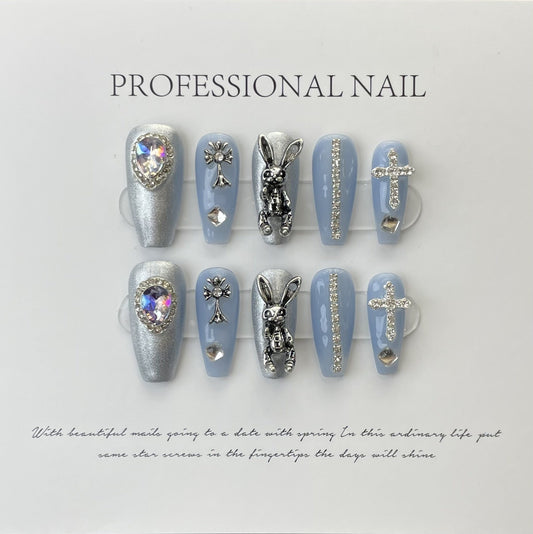 566 Animal rabbit style press on nails 100% handmade false nails blue sliver