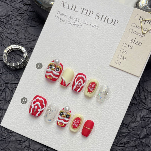 1250 Chinese style press on nails 100% handmade false nails red white
