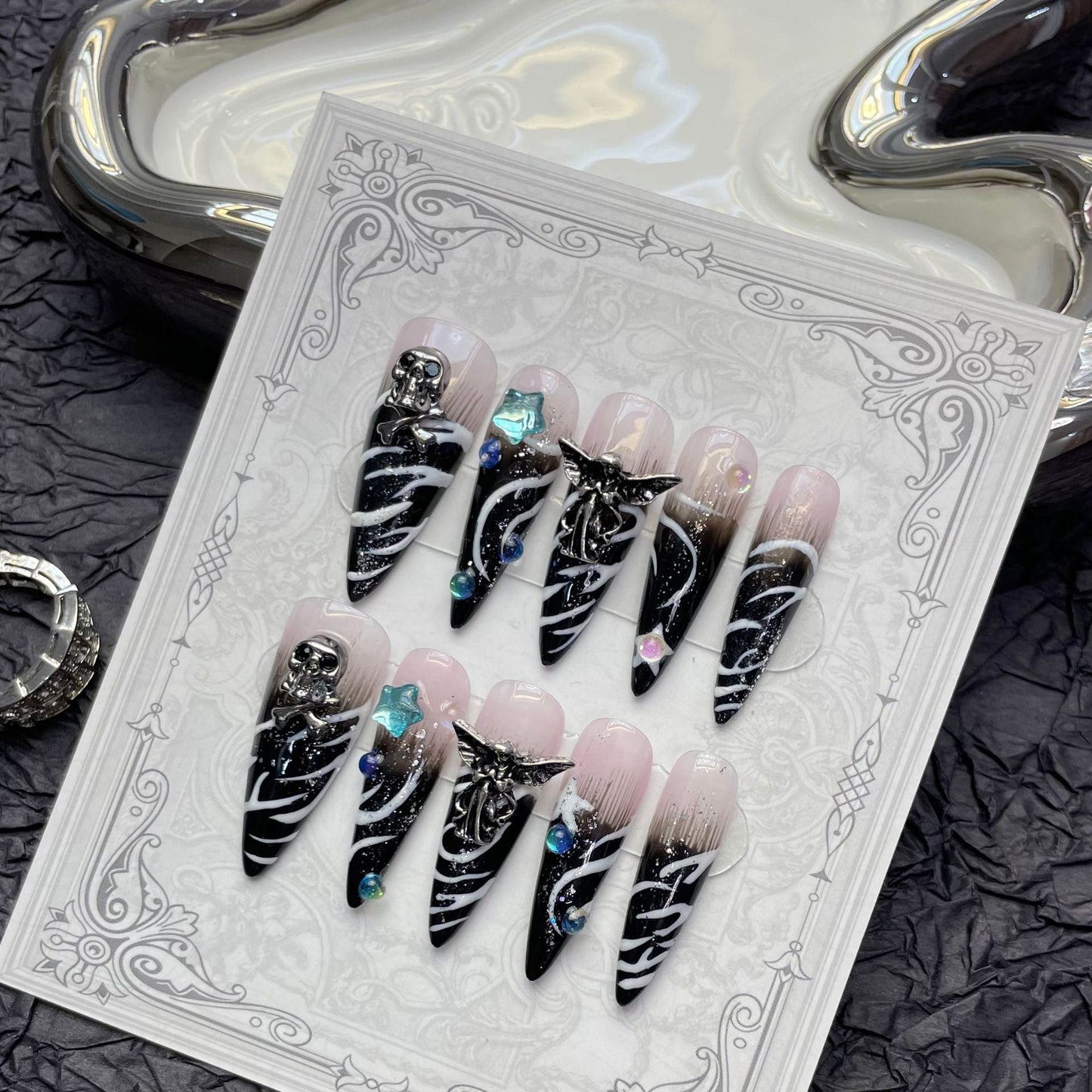 1251 Angels and demons style press on nails 100% handmade false nails black
