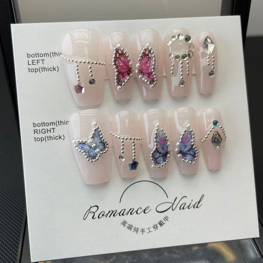 686 Butterfly Fairy style press on nails 100% handmade false nails nude color