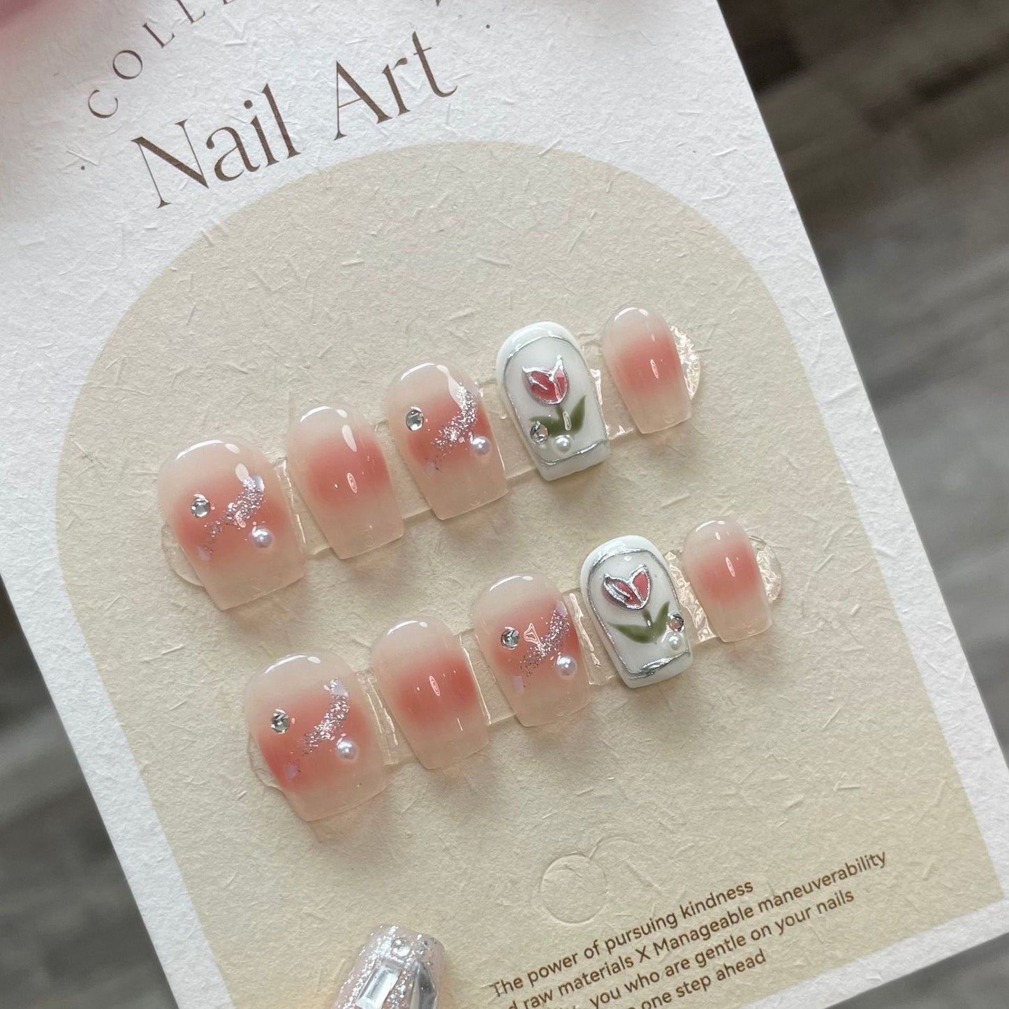 716 Romantic Tulip style press on nails 100% handmade false nails pink white