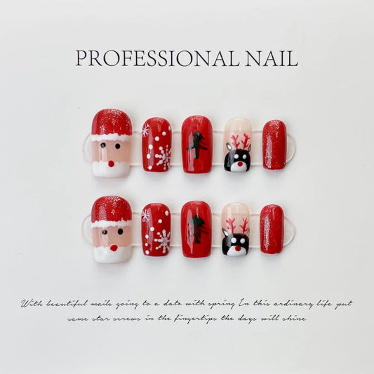 544 Christmas Elk Snowman style press on nails 100% handmade false nails red
