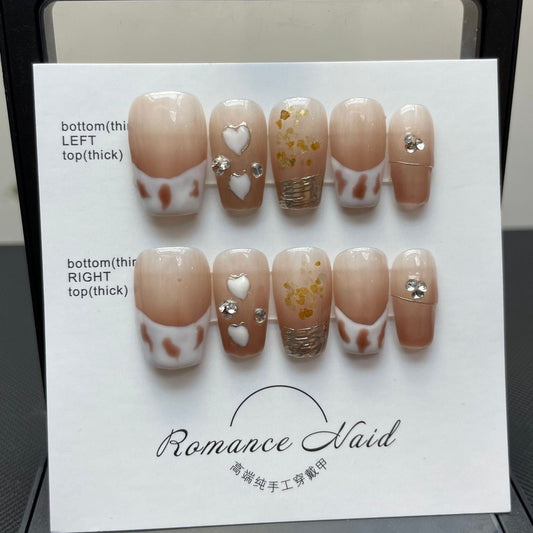 597 Caramel Cow French press on nails 100% handmade false nails nude color