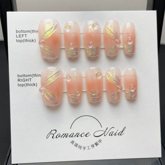 669 French ribbon style press on nails 100% handmade false nails pink
