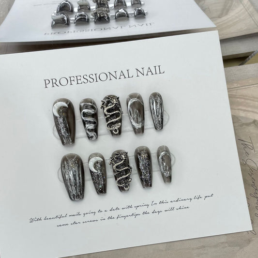 595 Silver Dragon press on nails 100% handmade false nails black sliver