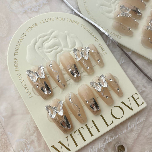 592/594 butterfly press on nails 100% handmade false nails nude color