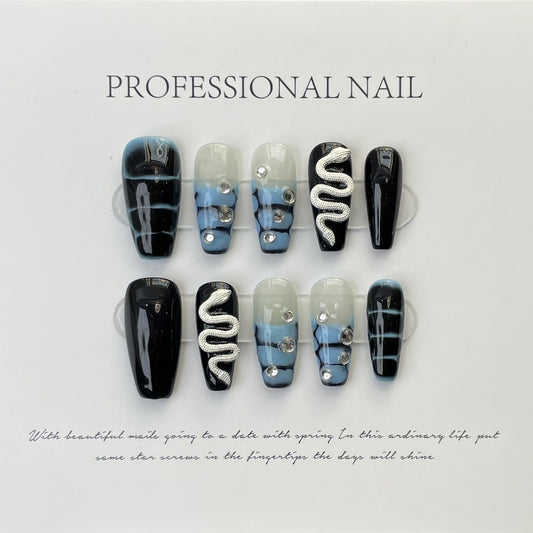 522 Animal snake style press on nails 100% handmade false nails black blue