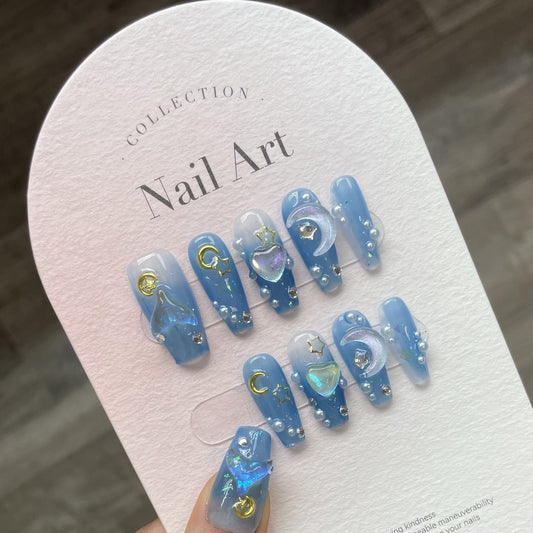 866 Mermaid tail style press on nails 100% handmade false nails blue