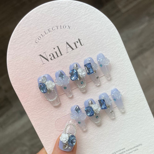 860 Sea Blue style press on nails 100% handmade false nails blue