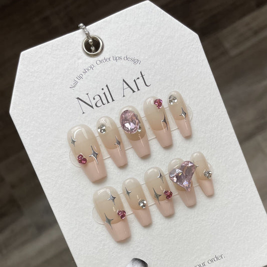 895 Star style press on nails 100% handmade false nails nude color pink