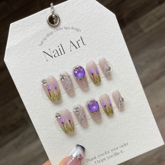 872 tulip style press on nails 100% handmade false nails purple