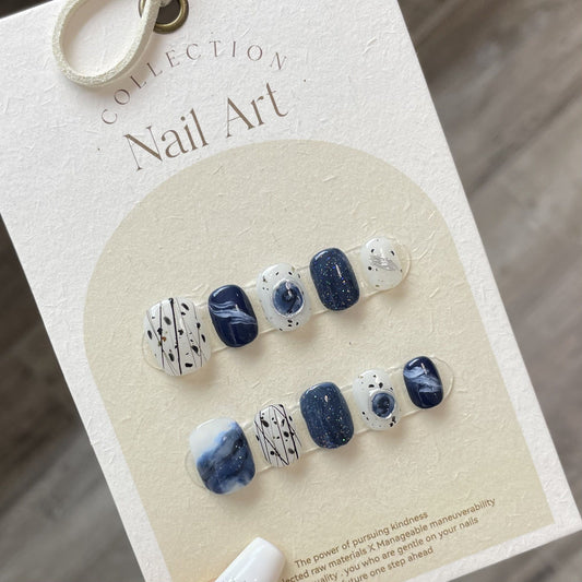 782 Contrasting colors style press on nails 100% handmade false nails white blue
