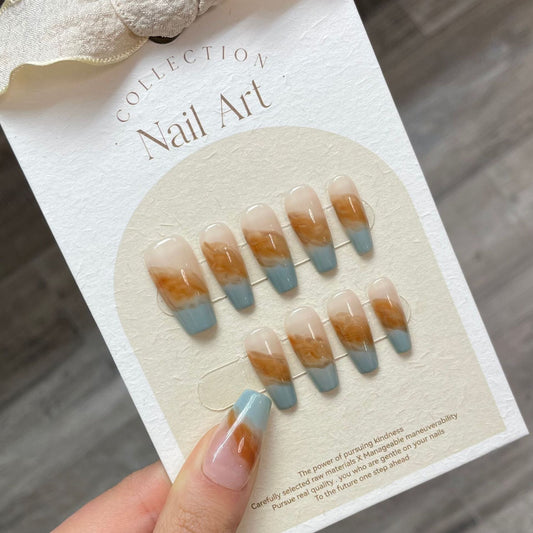 799 Amber Stain style press on nails 100% handmade false nails nude color blue